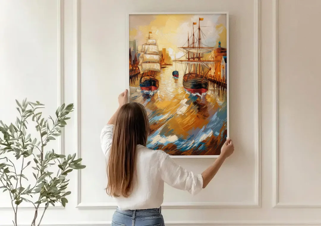 Camden Historic Waterfront canvas wall art being hung on a paneled wall