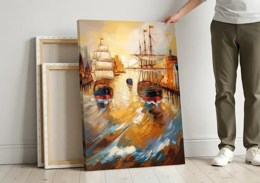 Camden Historic Waterfront canvas wall art leaning against a wall next to blank canvases