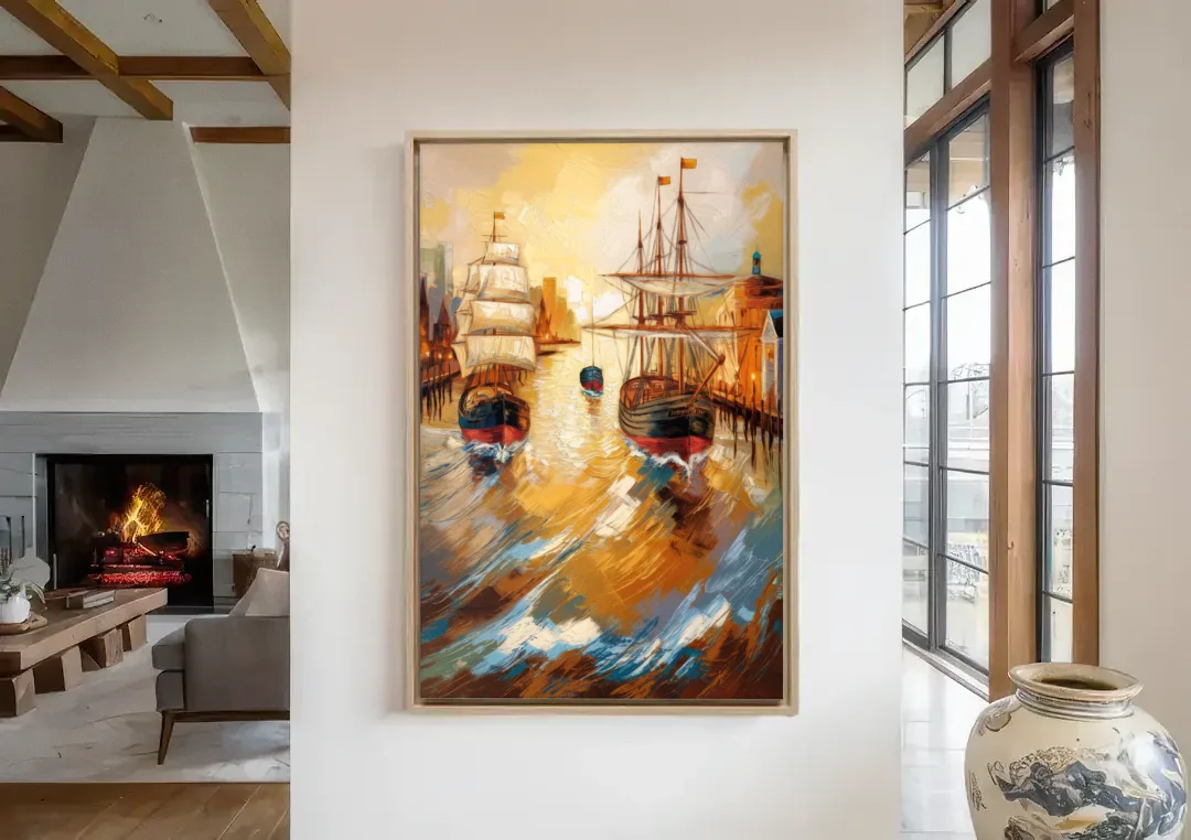 Camden Historic Waterfront canvas wall art in a living room with a fireplace