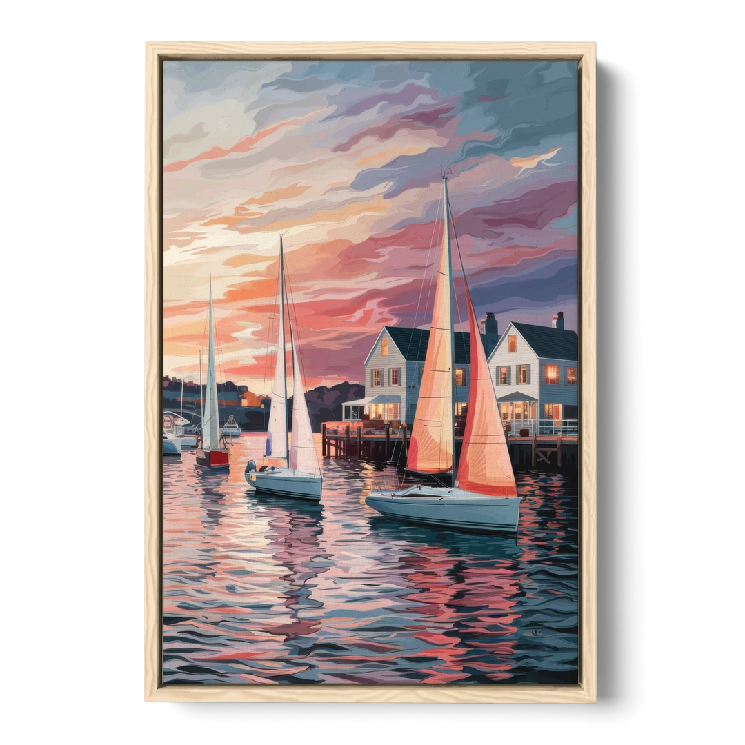 Camden Inner Harbor Sunset - Oak Framed Canvas Wall Art - Front