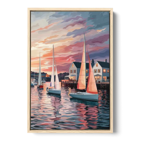 Camden Inner Harbor Sunset - Oak Framed Canvas Wall Art - Front