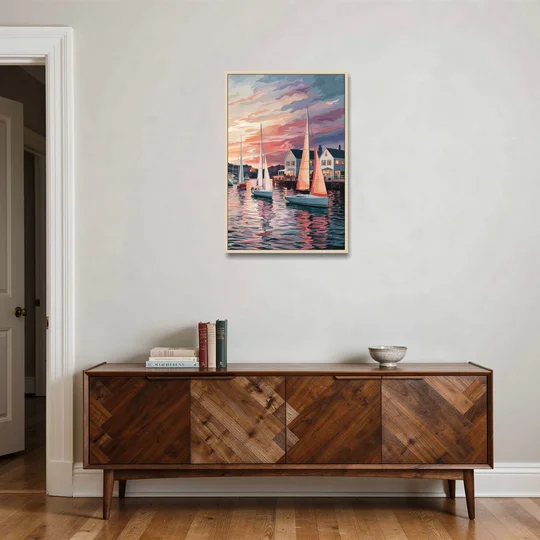 Camden Inner Harbor Sunset - Oak Framed Canvas Wall Art - Coffee Table - 24x36