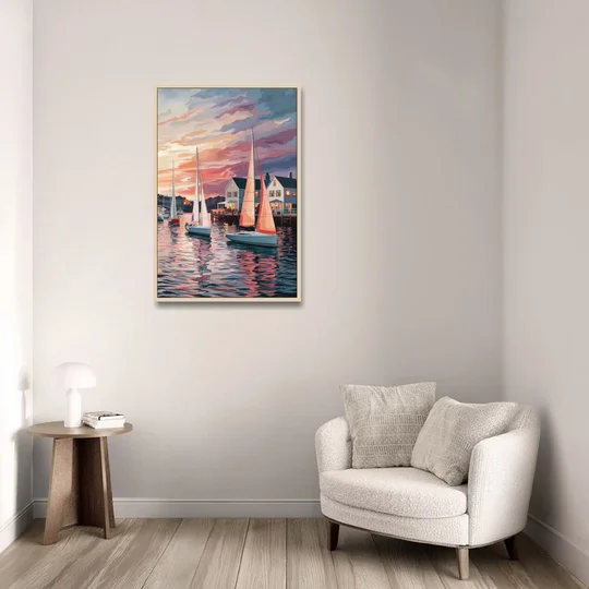Camden Inner Harbor Sunset - Oak Framed Canvas Wall Art - Sofa - 24x36