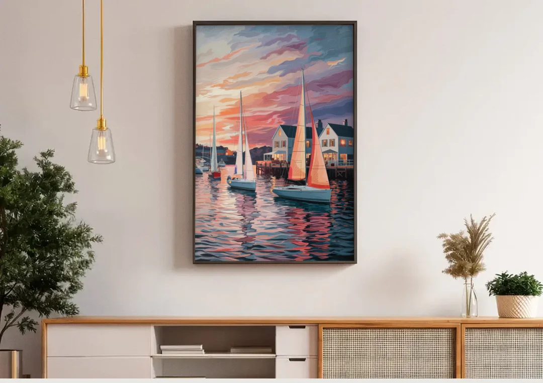 Camden Inner Harbor Sunset canvas wall art above a wooden sideboard under pendant lights