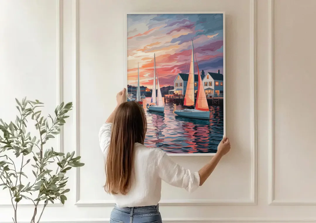 Camden Inner Harbor Sunset canvas wall art being hung on a paneled wall