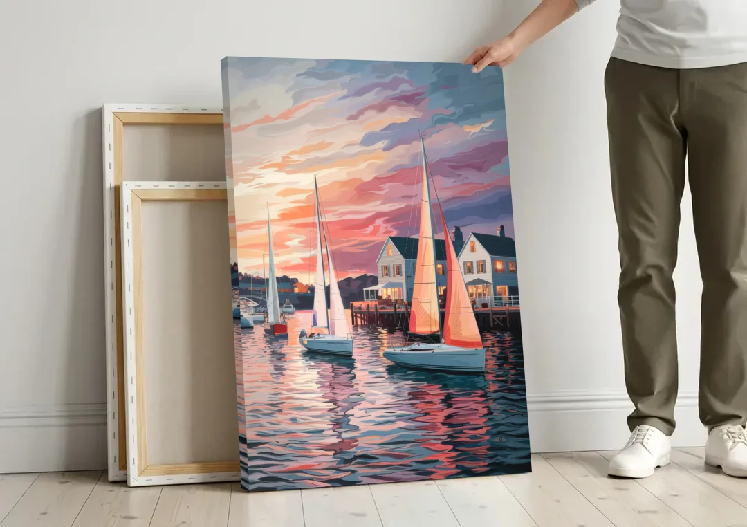 Camden Inner Harbor Sunset canvas wall art leaning against a wall next to blank canvases