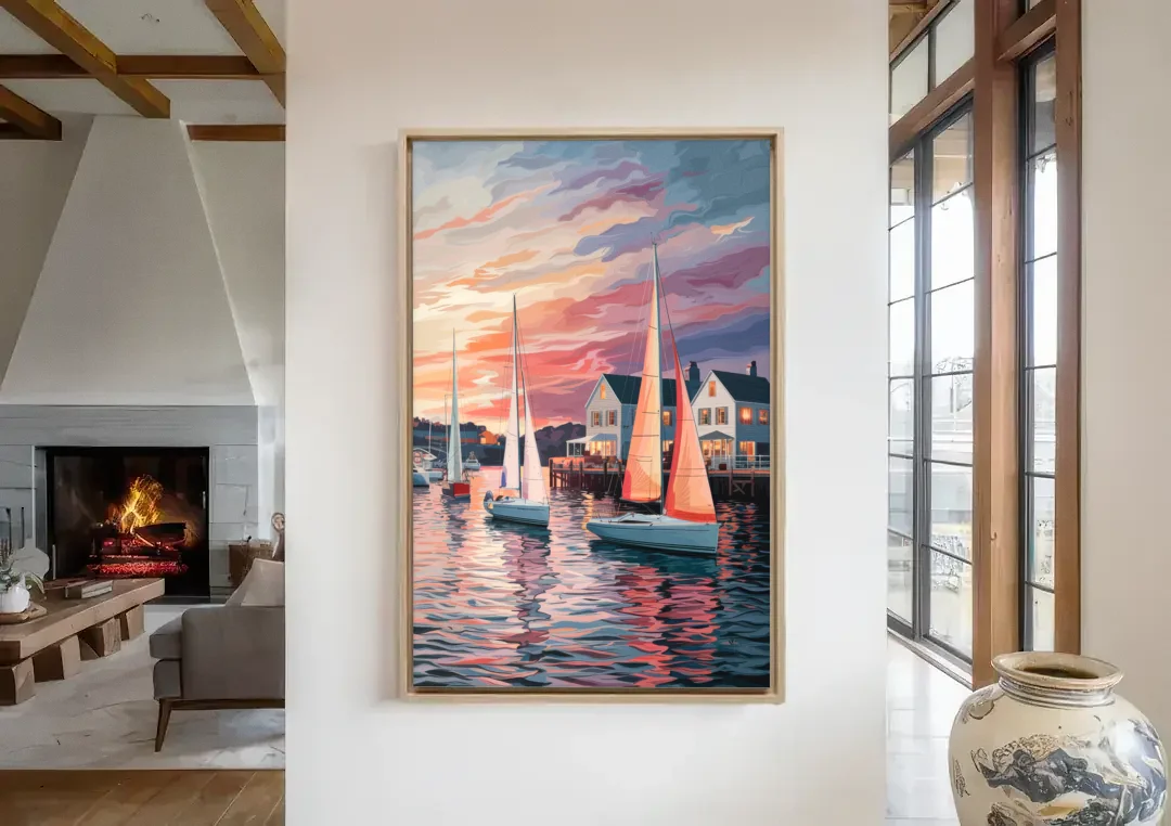 Camden Inner Harbor Sunset canvas wall art in a living room with a fireplace