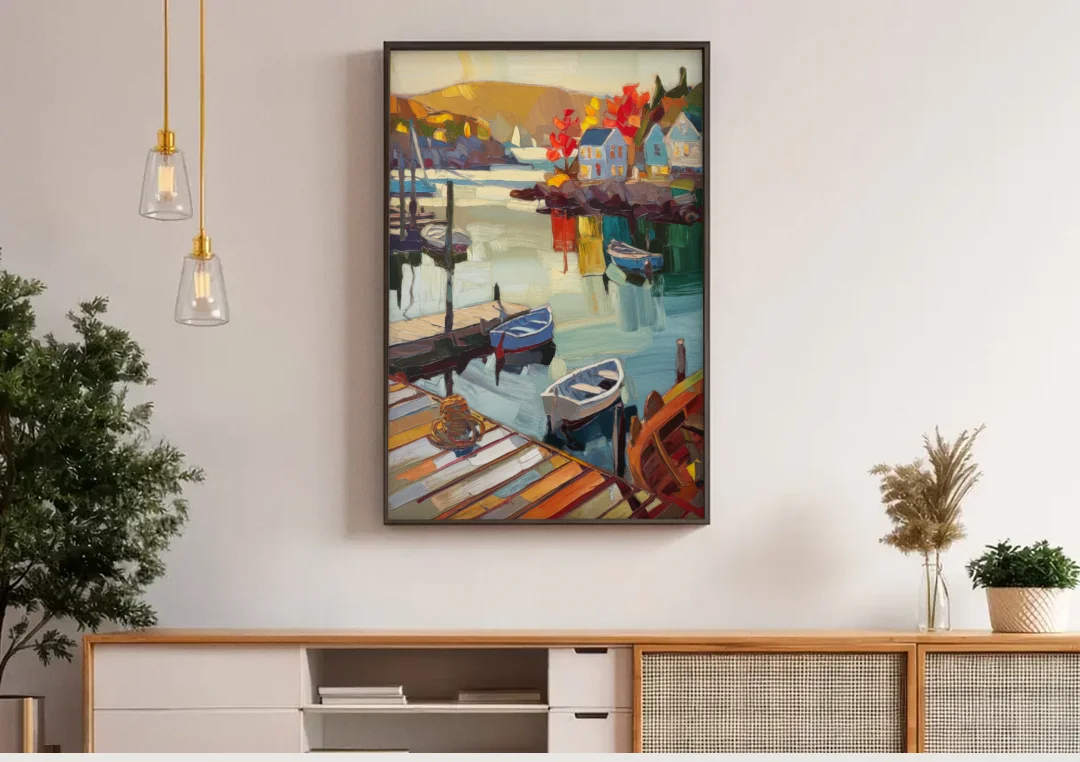 Camden Scenic Harbor View canvas wall art above a wooden sideboard under pendant lights