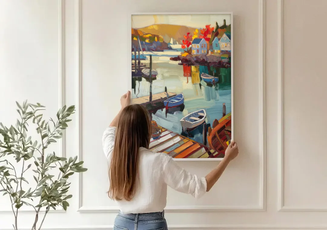Camden Scenic Harbor View canvas wall art being hung on a paneled wall
