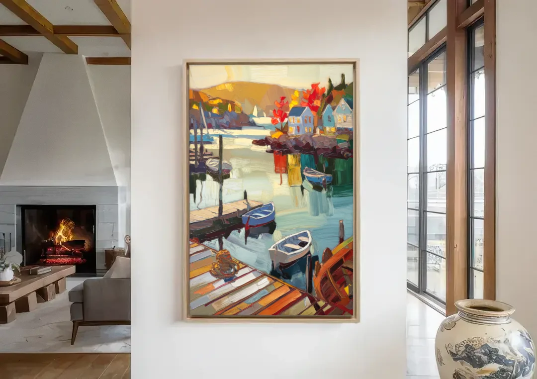 Camden Scenic Harbor View canvas wall art in a living room with a fireplace