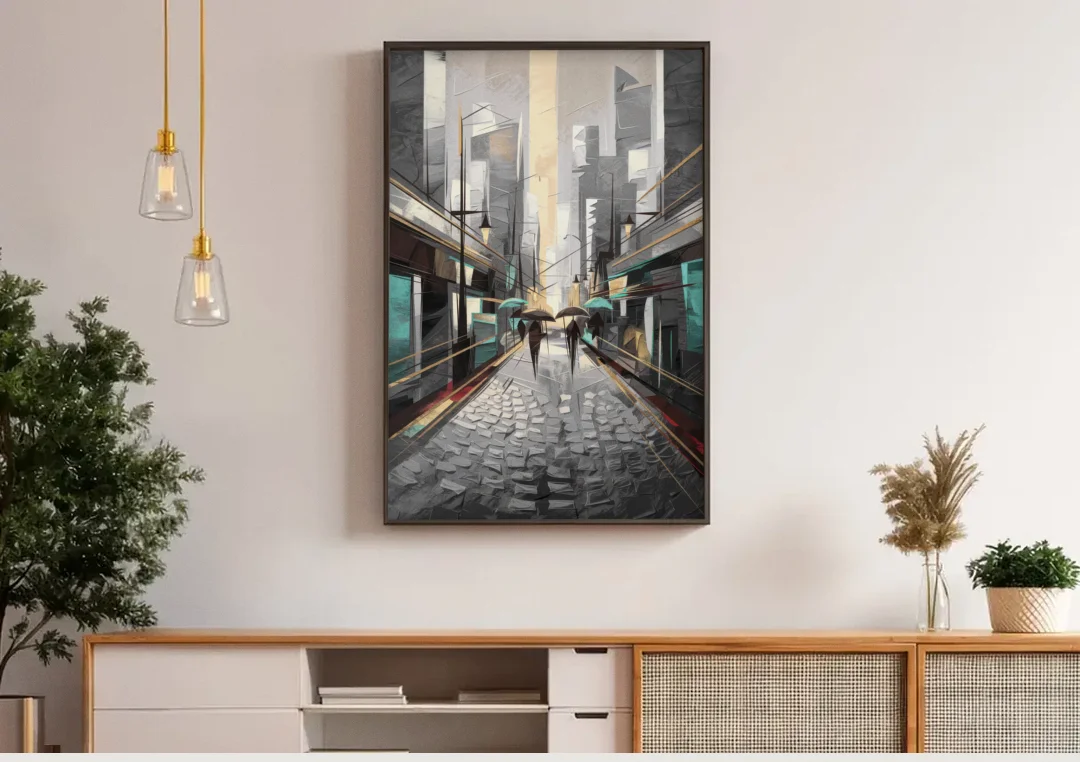 Camden Urban Charm canvas wall art above a wooden sideboard under pendant lights