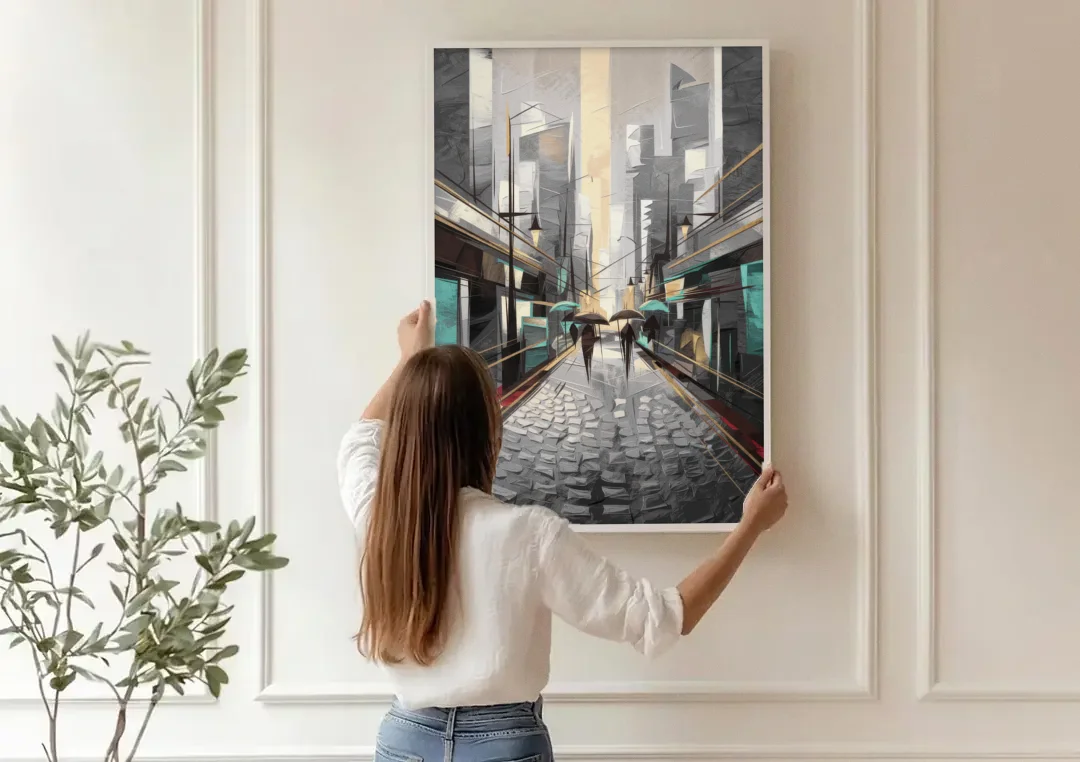 Camden Urban Charm canvas wall art being hung on a paneled wall