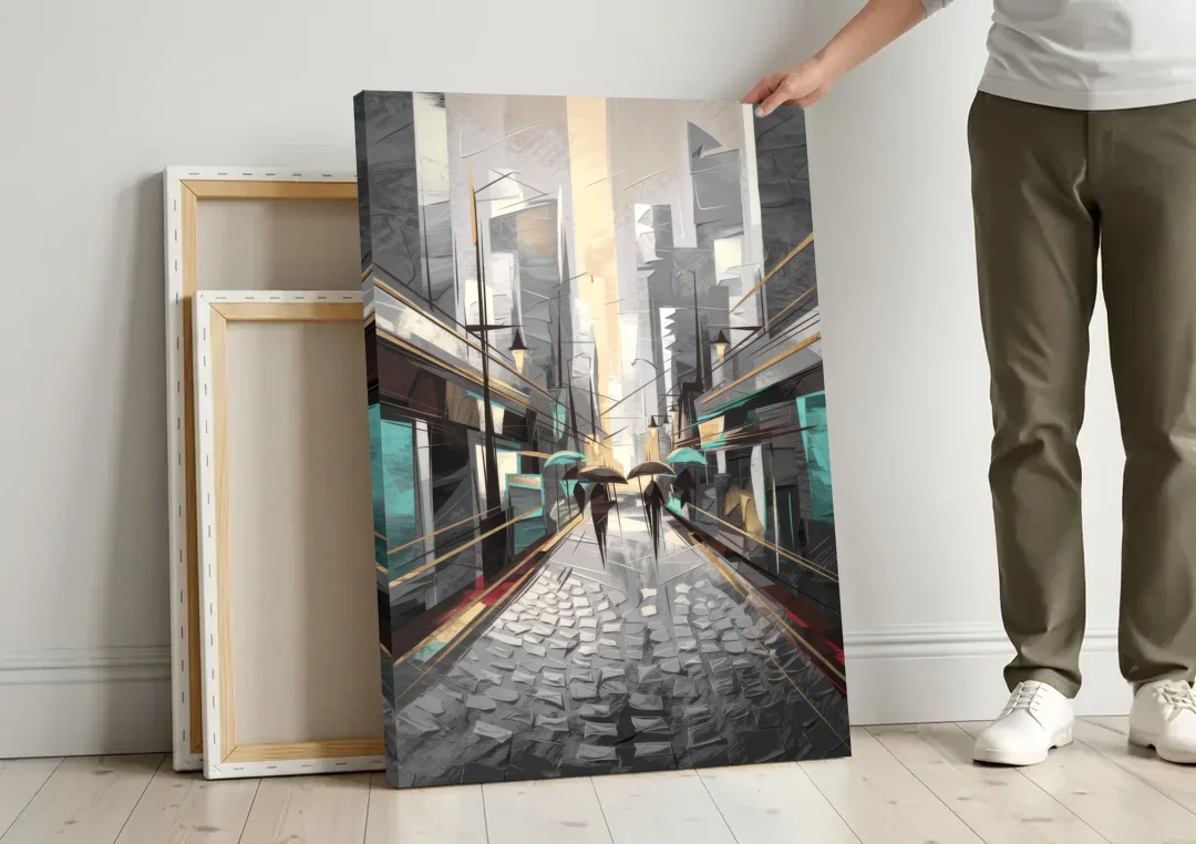 Camden Urban Charm canvas wall art leaning against a wall next to blank canvases