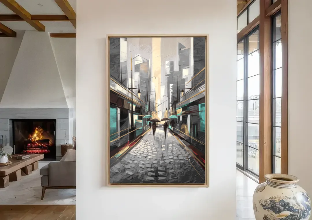 Camden Urban Charm canvas wall art in a living room with a fireplace