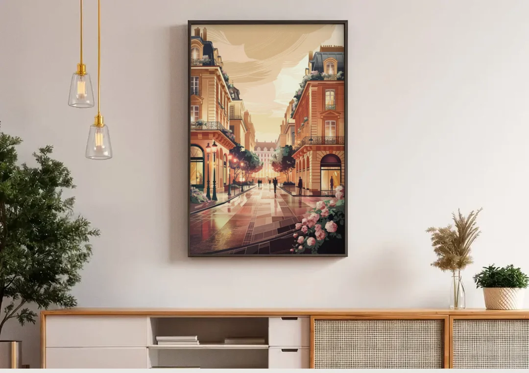 Camden Urban Charm Cityscape canvas wall art above a wooden sideboard under pendant lights