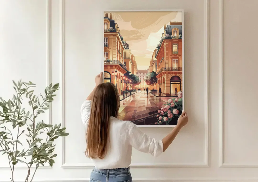Camden Urban Charm Cityscape canvas wall art being hung on a paneled wall