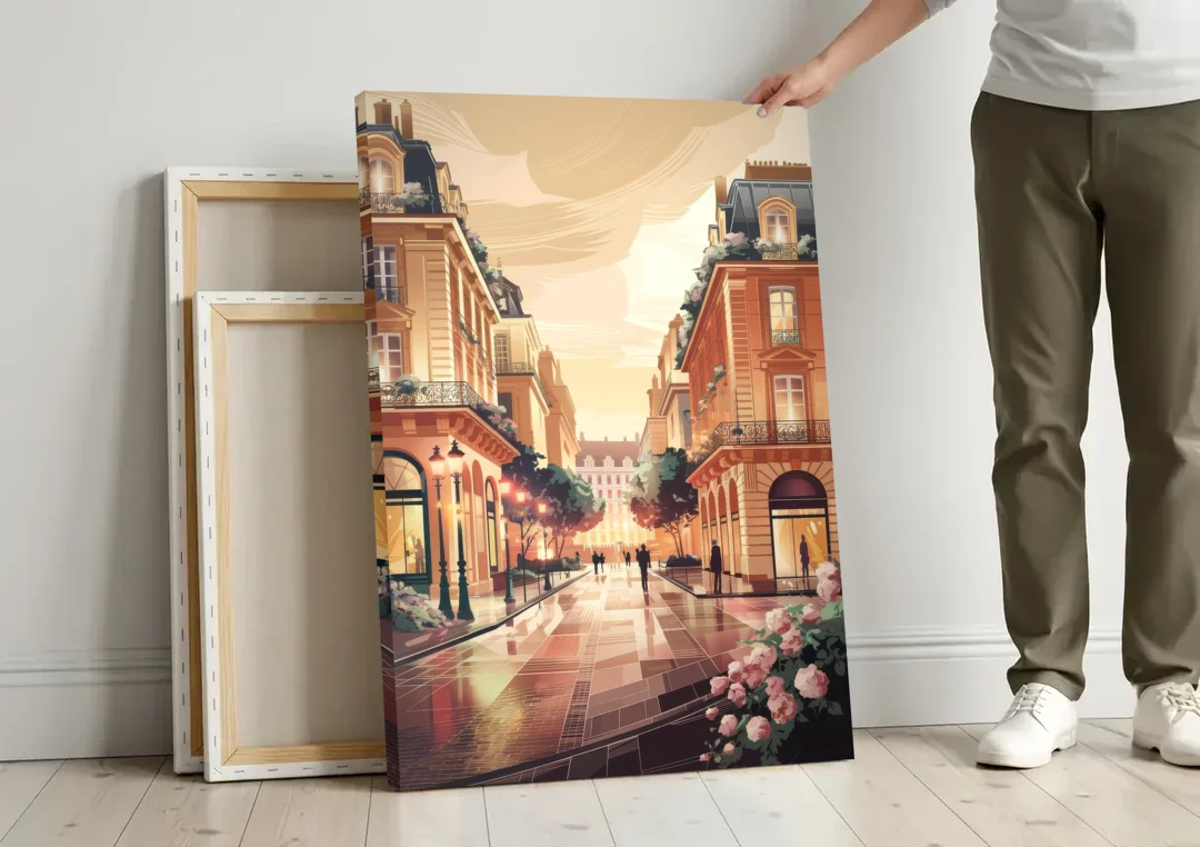 Camden Urban Charm Cityscape canvas wall art leaning against a wall next to blank canvases