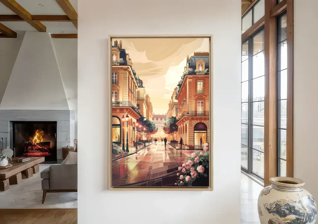 Camden Urban Charm Cityscape canvas wall art in a living room with a fireplace