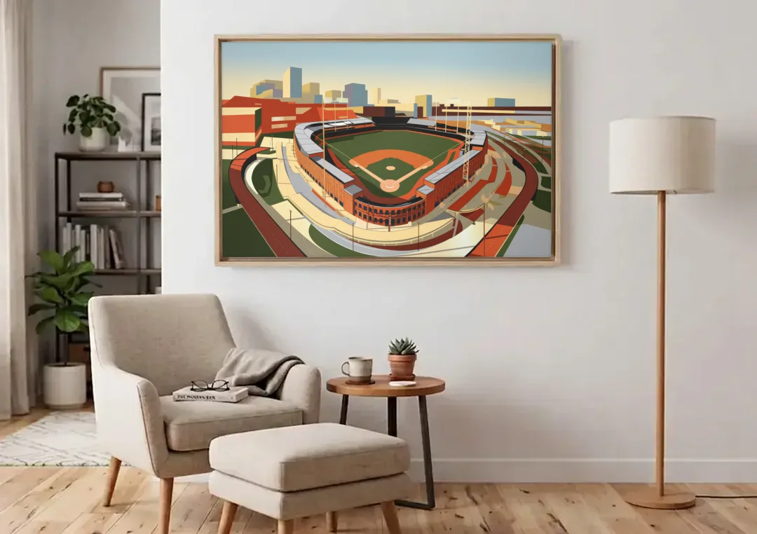 Camden Yards Baseball Stadium canvas wall art above an armchair in a bright living room
