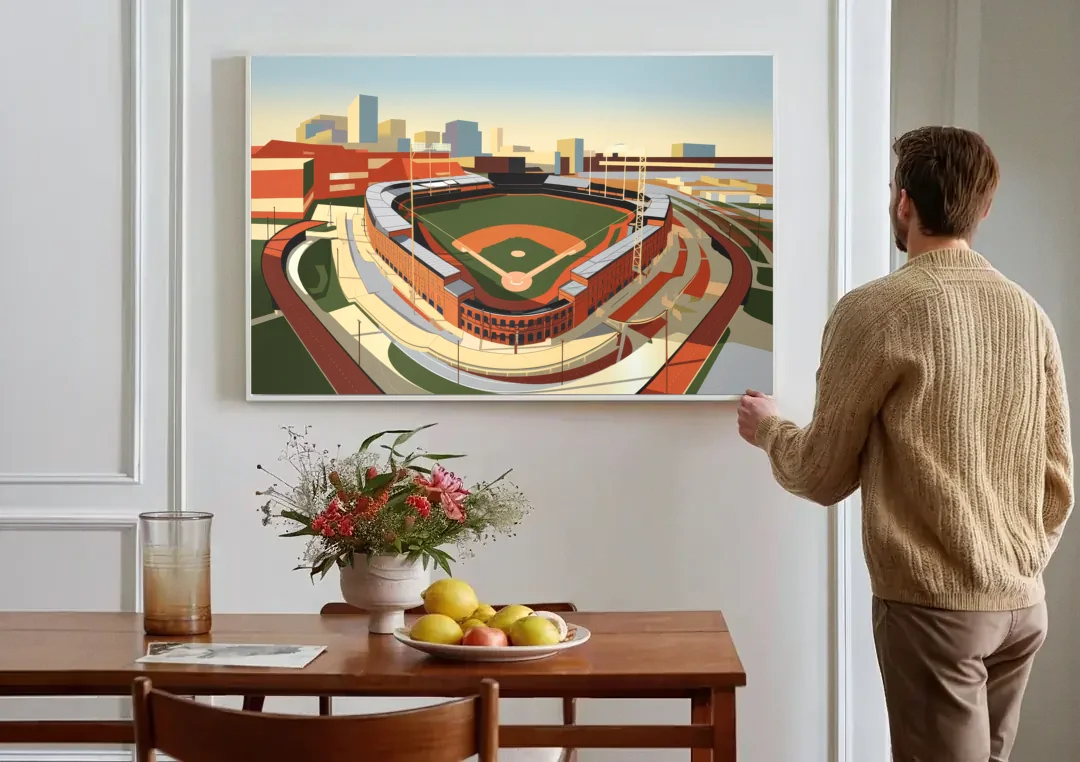 Camden Yards Baseball Stadium canvas wall art above a dining table