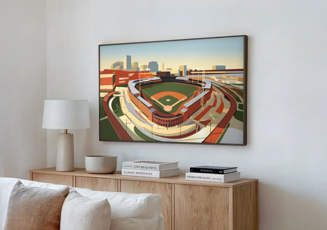 Camden Yards Baseball Stadium canvas wall art above a wooden sideboard next to a sofa