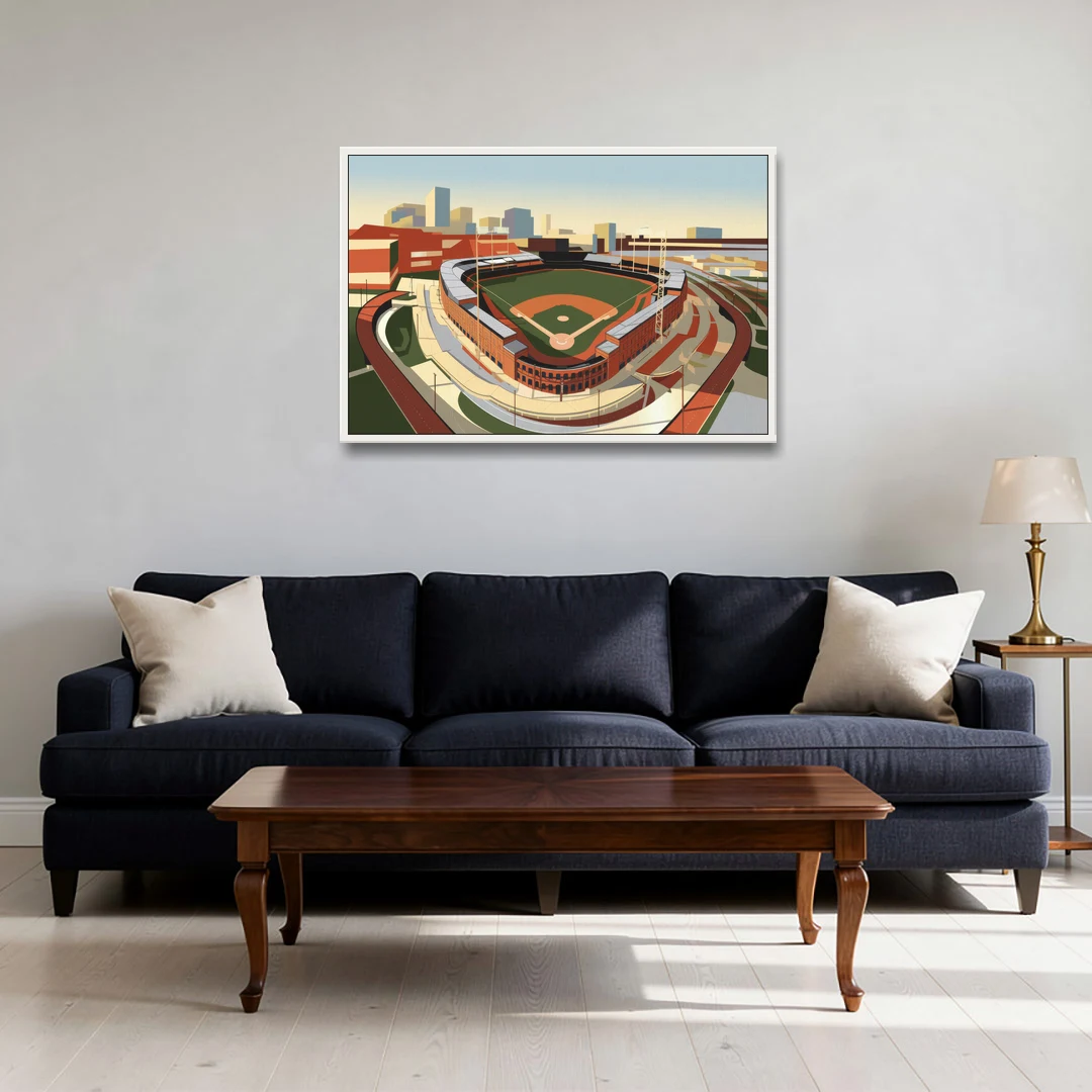 Camden Yards Baseball Stadium - White Framed Canvas Wall Art - Sofa - 36x24