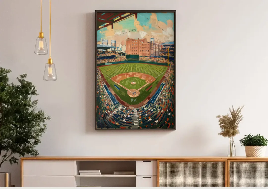 Camden Yards Orioles Tribute canvas wall art above a wooden sideboard under pendant lights
