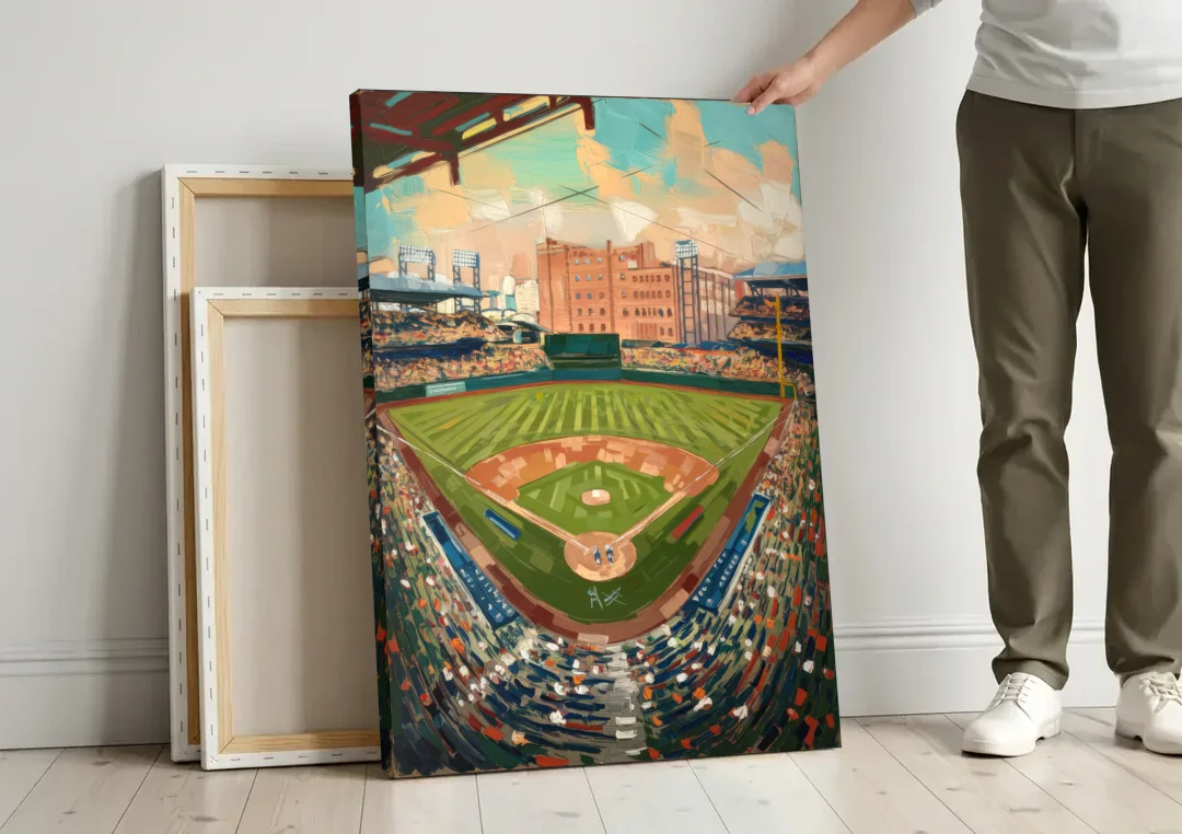 Camden Yards Orioles Tribute canvas wall art leaning against a wall next to blank canvases
