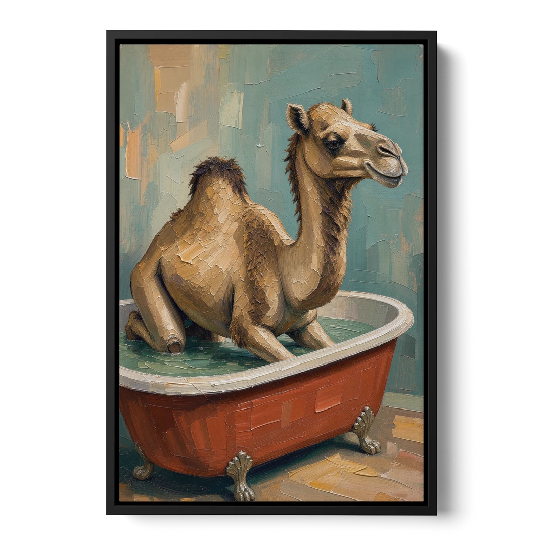 Camel Kneeling in a Clawfoot Tub - Black Framed Canvas Wall Art - Front