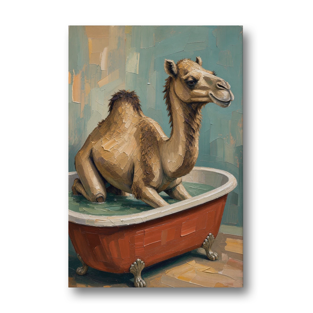 Camel Kneeling in a Clawfoot Tub - Canvas Wall Art - Front