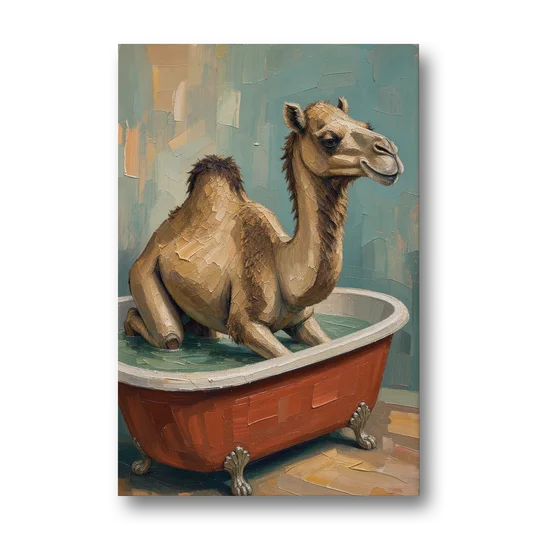 Camel Kneeling in a Clawfoot Tub - Canvas Wall Art - Front