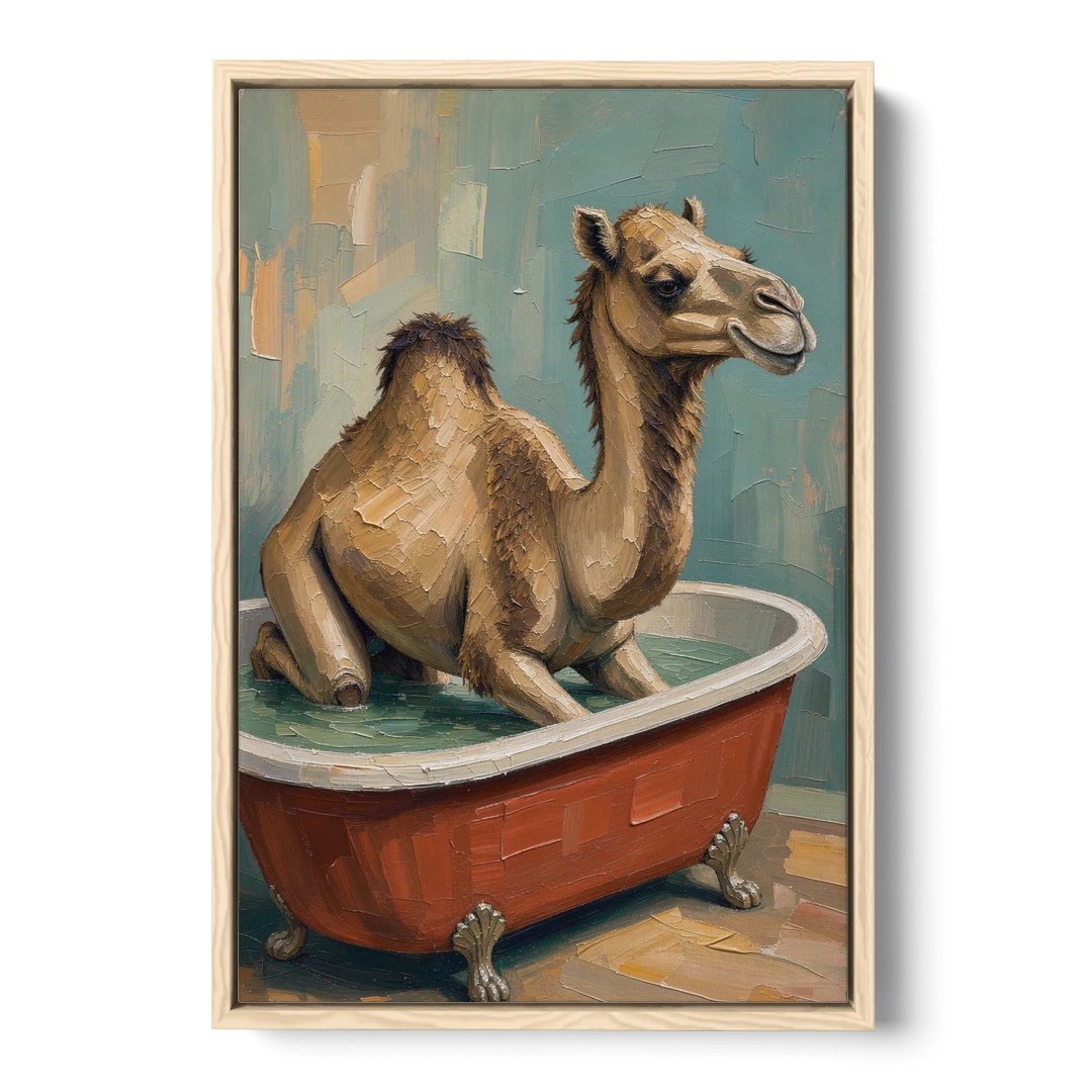 Camel Kneeling in a Clawfoot Tub - Oak Framed Canvas Wall Art - Front