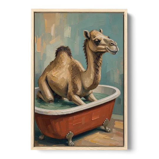 Camel Kneeling in a Clawfoot Tub - Oak Framed Canvas Wall Art - Front