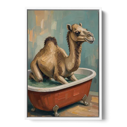 Camel Kneeling in a Clawfoot Tub - White Framed Canvas Wall Art - Front