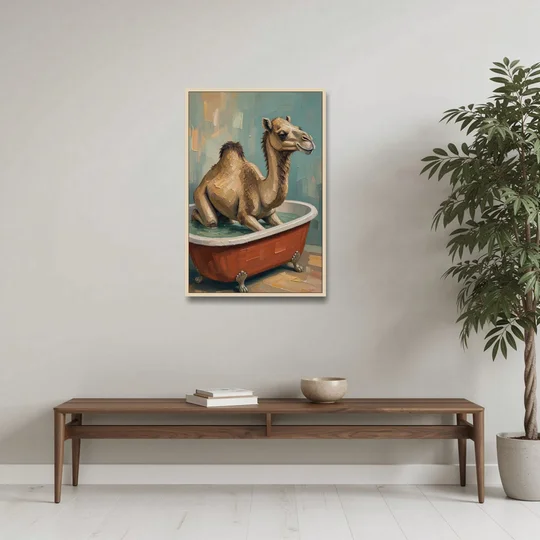 Camel Kneeling in a Clawfoot Tub - Oak Framed Canvas Wall Art - Coffee Table - 24x36