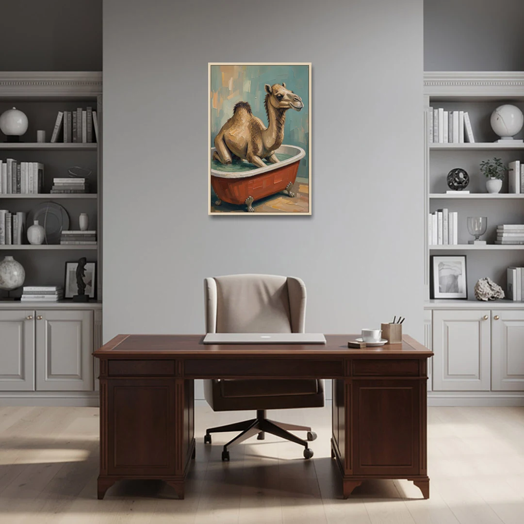 Camel Kneeling in a Clawfoot Tub - Oak Framed Canvas Wall Art - Office - 24x36