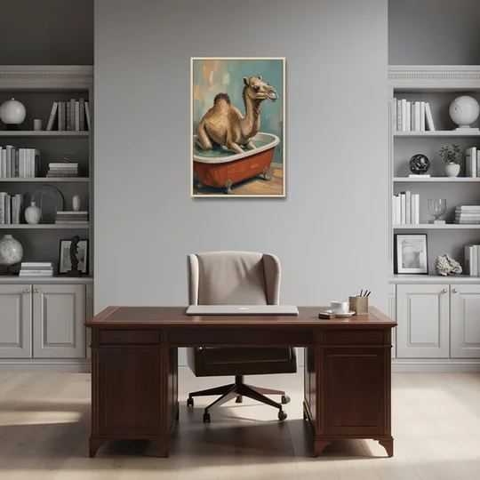 Camel Kneeling in a Clawfoot Tub - Oak Framed Canvas Wall Art - Office - 24x36