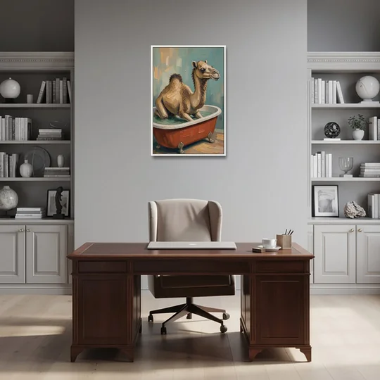 Camel Kneeling in a Clawfoot Tub - White Framed Canvas Wall Art - Office - 24x36