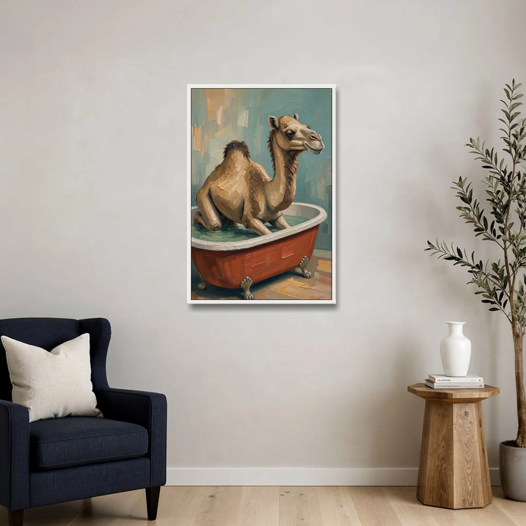 Camel Kneeling in a Clawfoot Tub - White Framed Canvas Wall Art - Sofa - 24x36