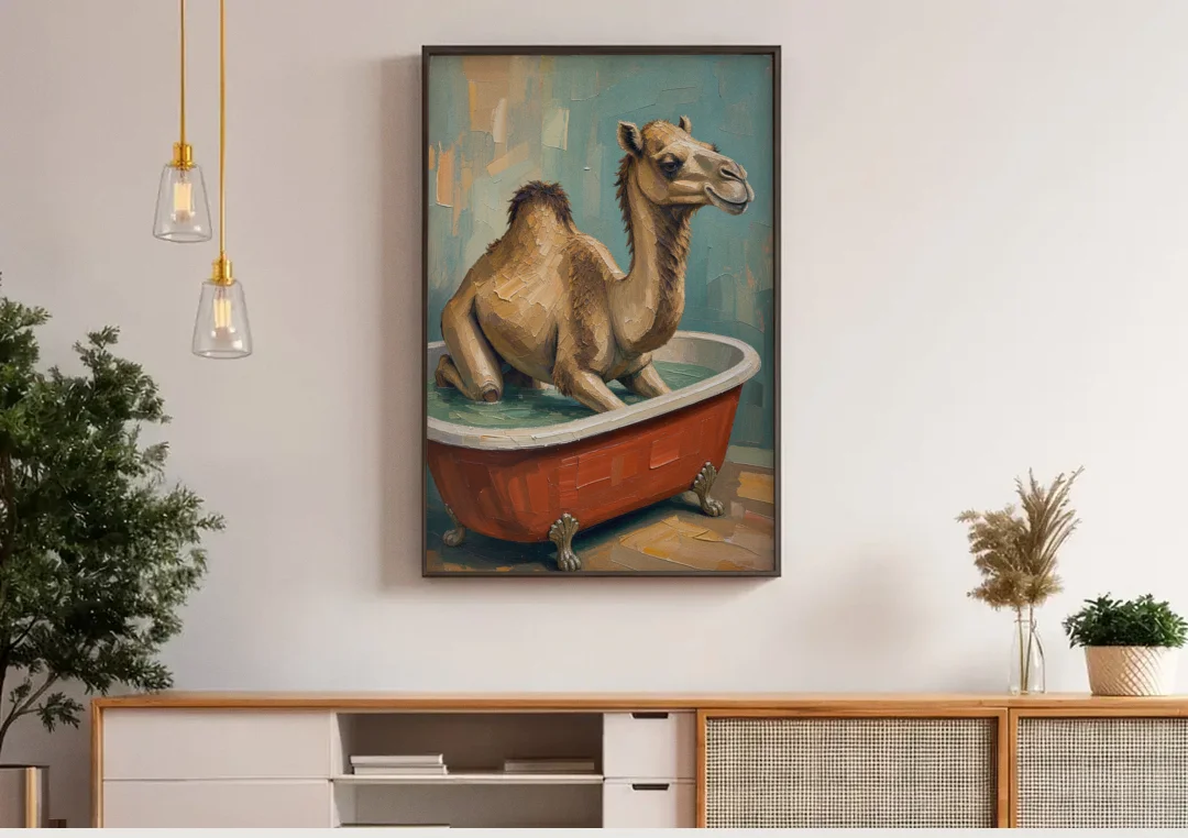 Camel Kneeling in a Clawfoot Tub canvas wall art above a wooden sideboard under pendant lights