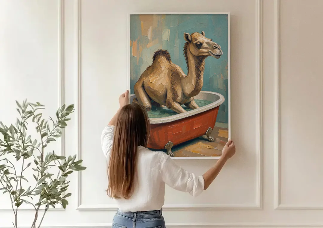 Camel Kneeling in a Clawfoot Tub canvas wall art being hung on a paneled wall