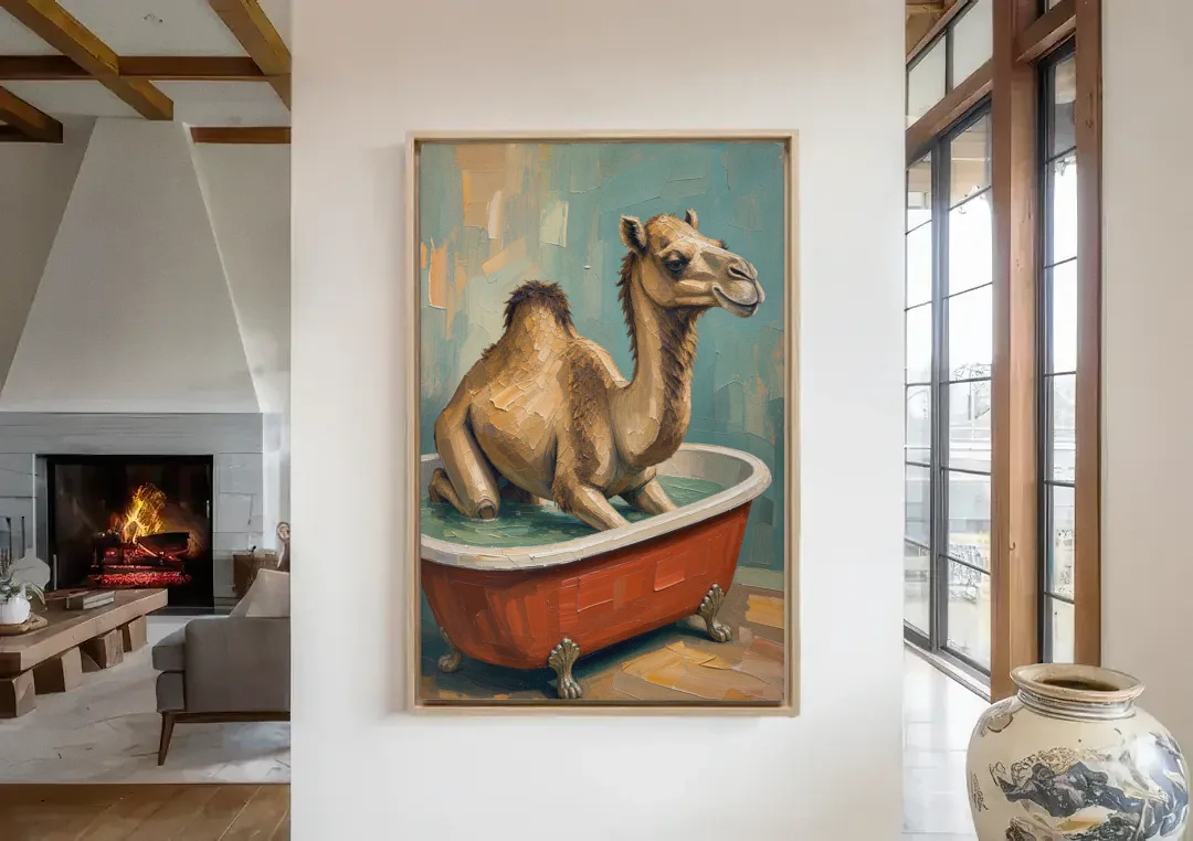 Camel Kneeling in a Clawfoot Tub canvas wall art in a living room with a fireplace