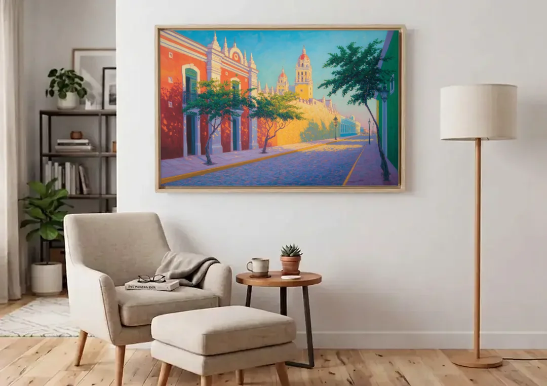Campeche Walled City canvas wall art above an armchair in a bright living room