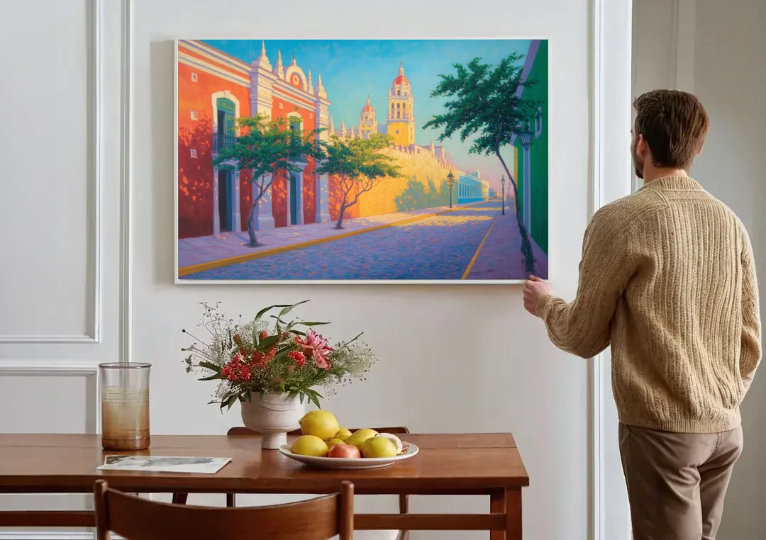 Campeche Walled City canvas wall art above a dining table