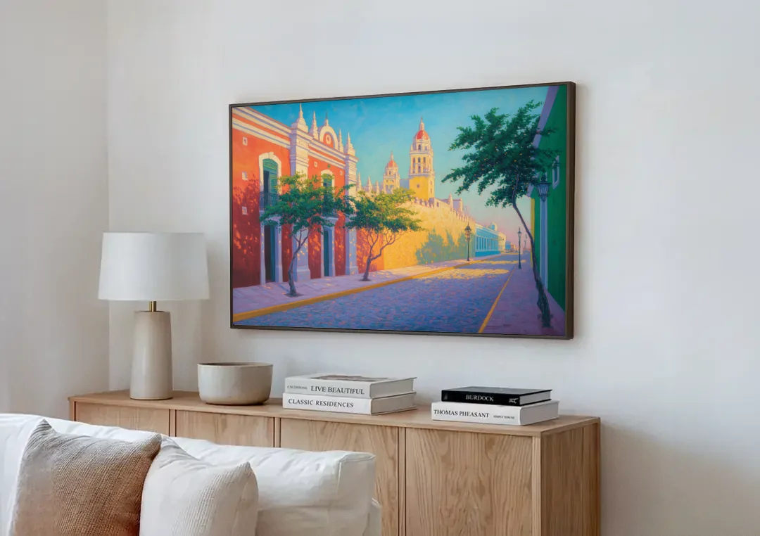 Campeche Walled City canvas wall art above a wooden sideboard next to a sofa