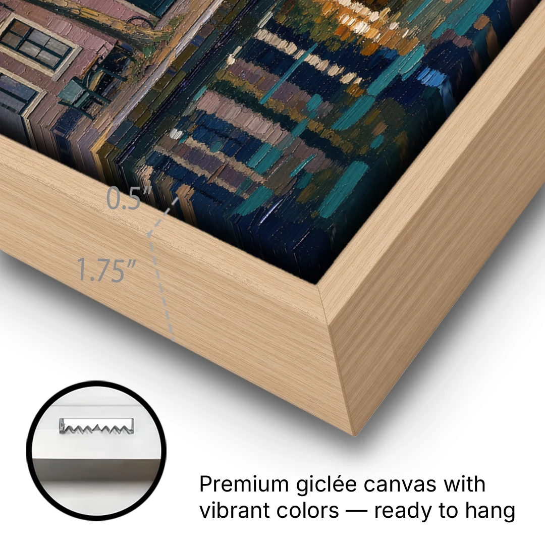 Canal Wine Bar at Night for the Home Bar - Oak Framed Canvas Wall Art - Gallery Wrap Corner