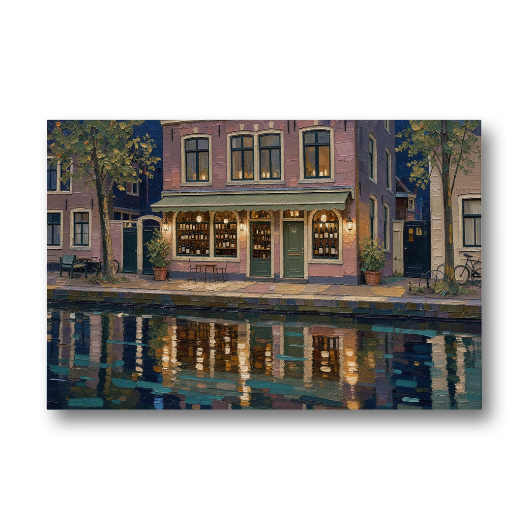 Canal Wine Bar at Night for the Home Bar - Canvas Wall Art - Front