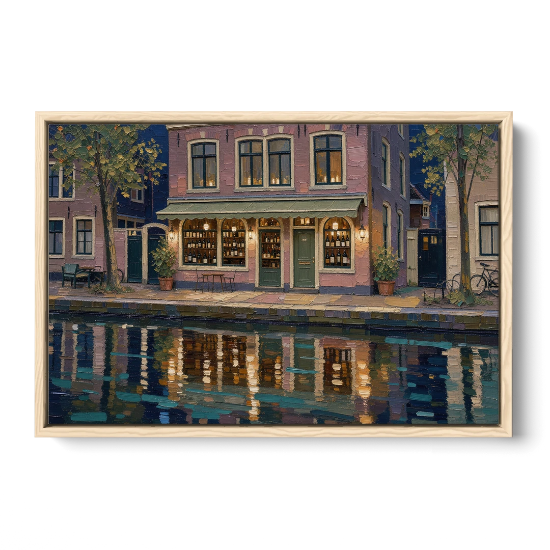 Canal Wine Bar at Night for the Home Bar - Oak Framed Canvas Wall Art - Front
