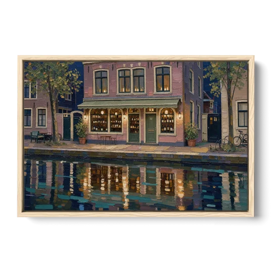 Canal Wine Bar at Night for the Home Bar - Oak Framed Canvas Wall Art - Front