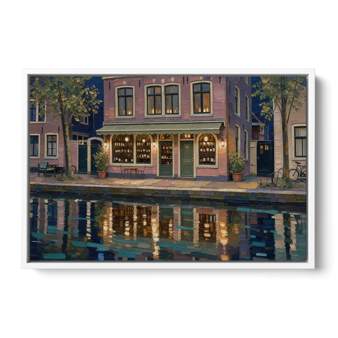 Canal Wine Bar at Night for the Home Bar - White Framed Canvas Wall Art - Front